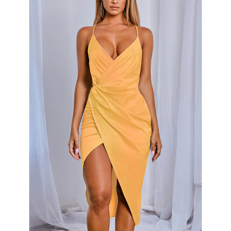 Kendall Jenner Wedding Guest Dress   Sexy Deep V Neck Irregular Sling Dress