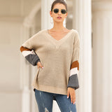 Women Pullover Knit Sweater Autumn and Winter V-neck Lantern Sleeve Striped Color Matching Sweater