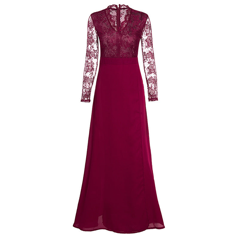 Long Sleeve Burgundy Dress Formal Solid Color Dress Lace Dress