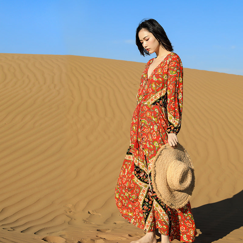 Gypsy Style Dresses Ethnic Style Seaside Holiday Long Sleeve Beach Dress