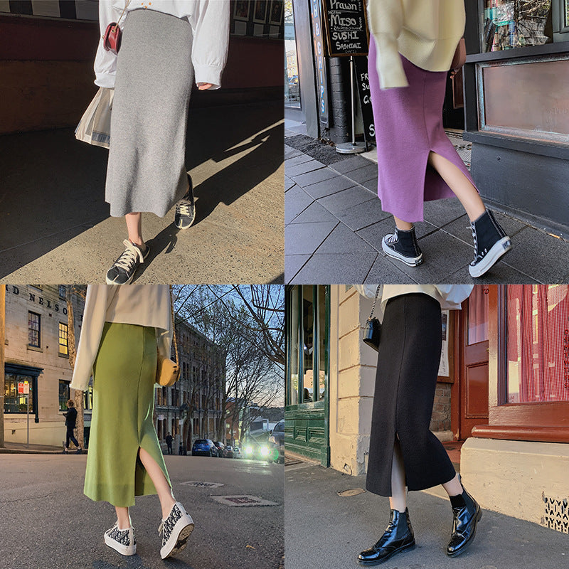 MIDI Mauve Skirt Knitted Skirt Autumn and Winter Skirt Slit Sheath Skirt