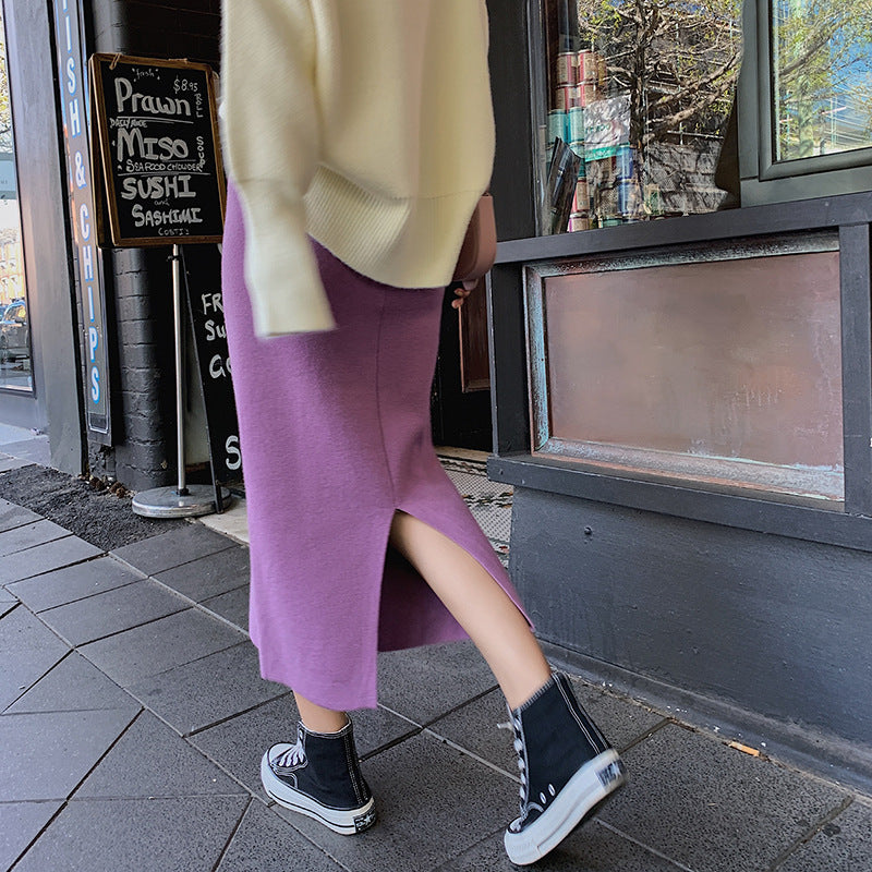 MIDI Mauve Skirt Knitted Skirt Autumn and Winter Skirt Slit Sheath Skirt