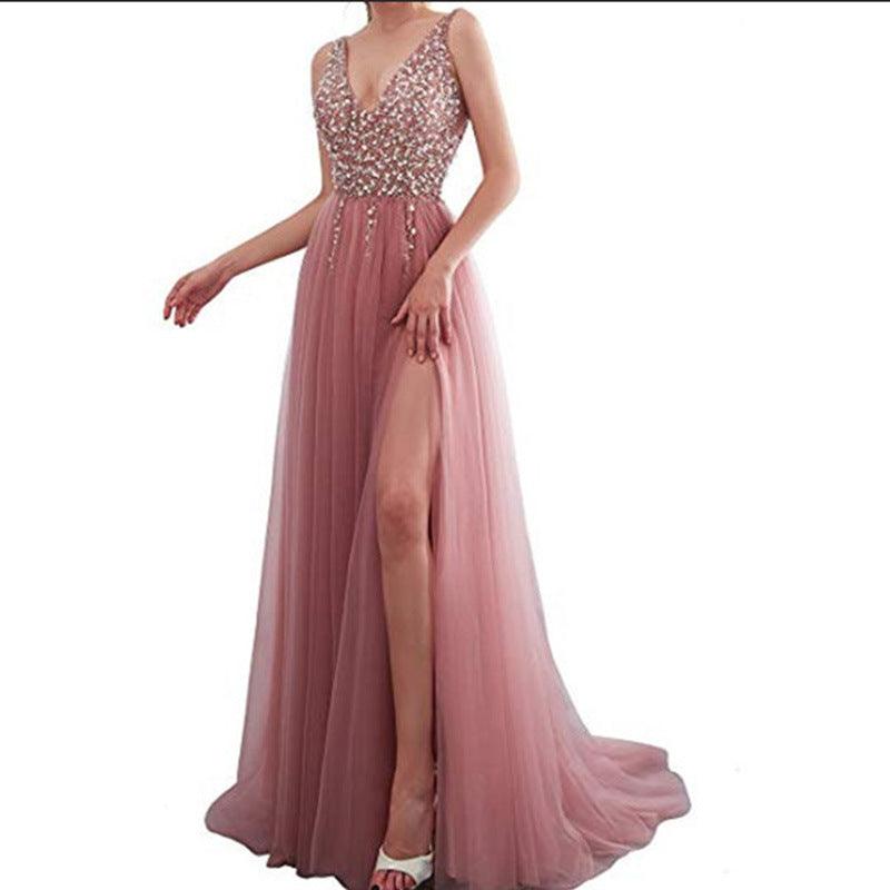 Mauve Dress Bridesmaid Women's Solid Color Embroidery Sequin Sexy V-neck Long Dress Formal Dress