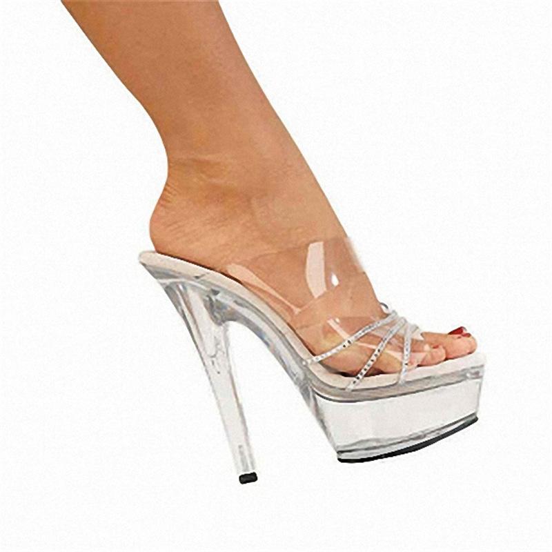 Platform Heels for Women 15cm Black Transparent Crystal High Heel Nightclub Sandals