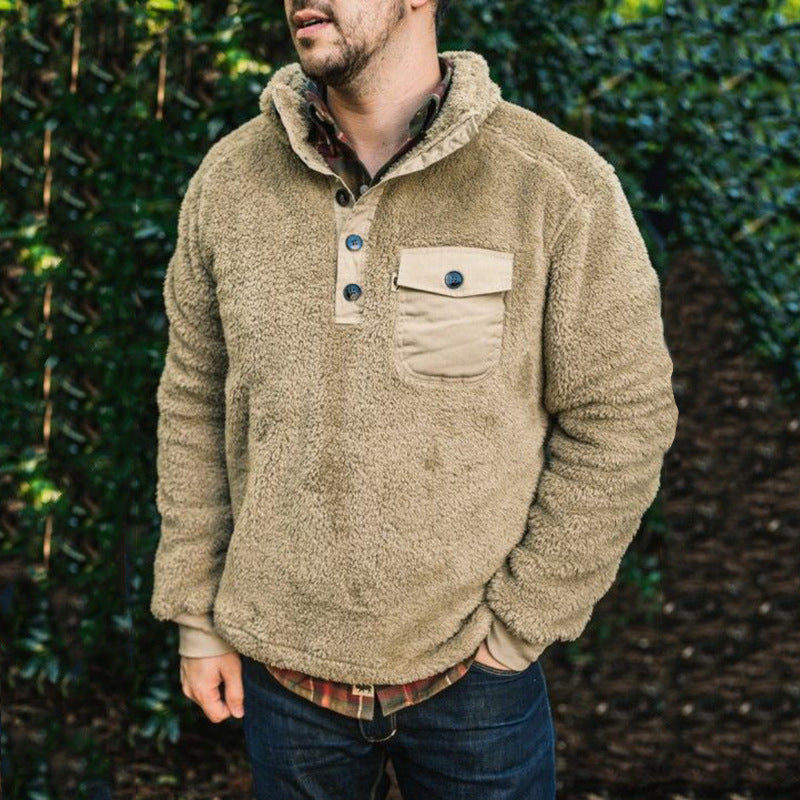 Men Sweats Man Fall Outfits Autumn and Winter Casual Plain Decorative Button Pocket Sweater