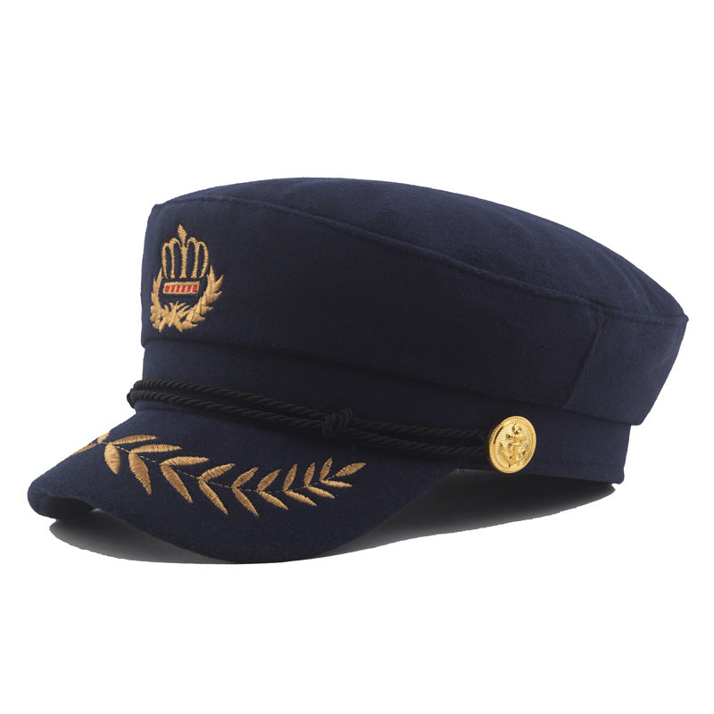 Captains Hat Autumn and Winter Retro Captain Flat-Top Cap Men's Casual Peaked Cap