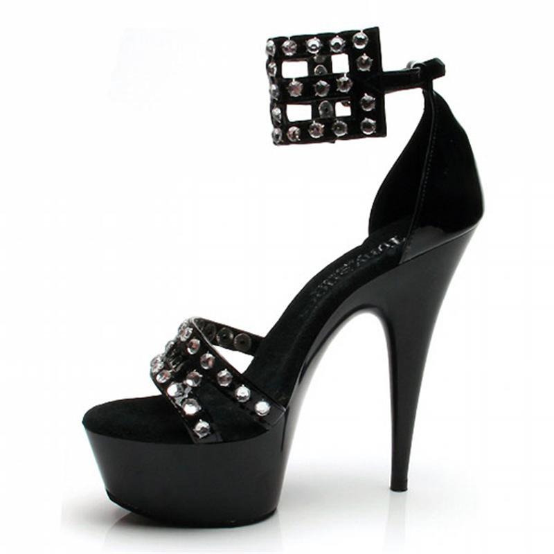 Platform Heels for Women 15cm High Heels Black Rivet Lace-up Sandals