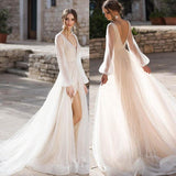 See through Wedding Dress Women's Long Sleeve Dress Long Dress Sexy, Deep V-neck and Backless Formal Dress