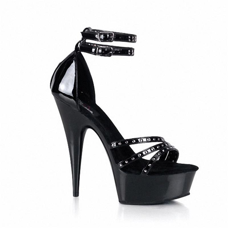 Platform Heels for Women 15cm Photo Nightclub Black Rivet Lace-up Sandals