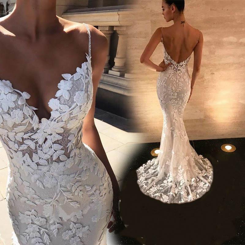 Women Lace Wedding Dress Sexy V-neck Lace Camisole Gown Long Dress