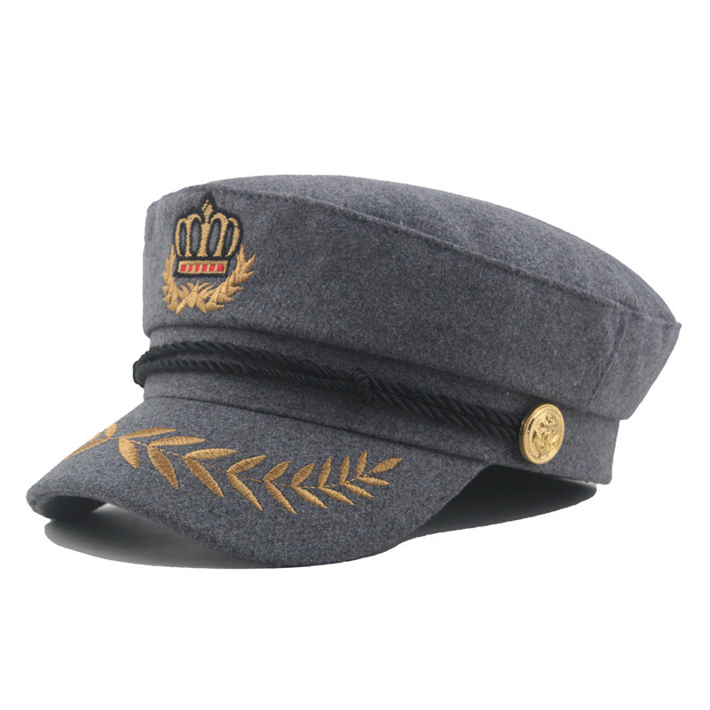 Captains Hat Autumn and Winter Retro Captain Flat-Top Cap Men's Casual Peaked Cap