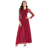 Long Sleeve Burgundy Dress Formal Solid Color Dress Lace Dress