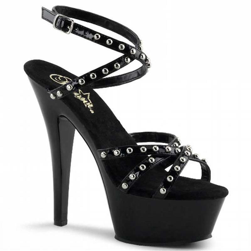 Platform Heels for Women 15cm High Heels Nightclub Black Rivet Lace-up Sandals