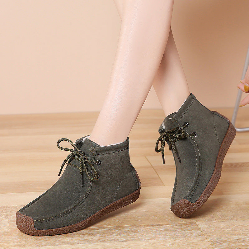 Western Shoes Autumn and Winter Ankle Boots Women's Retro Casual Flat Bottom Fleece-Lined