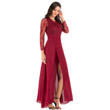 Long Sleeve Burgundy Dress Formal Solid Color Dress Lace Dress
