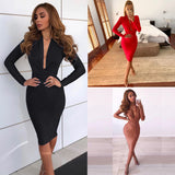 Long Sleeve Burgundy Dress Formal Autumn and Winter Sexy Deep V Long Sleeve Slim-Fit Sheath Women's Dress