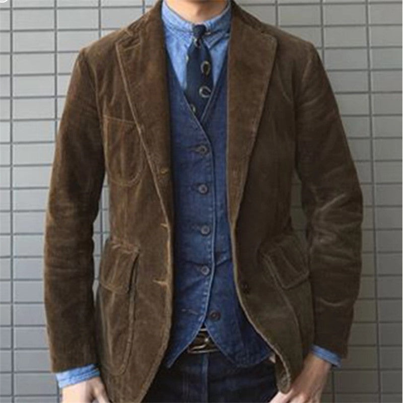 Mens Winter Coats Man Fall Outfits Autumn and Winter Lapel Solid Color Corduroy Jacket Coat