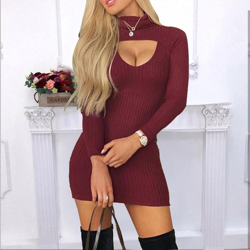 Burgundy Dress Formal Slim-Fit Solid Color Turtleneck Long Sleeve Dress