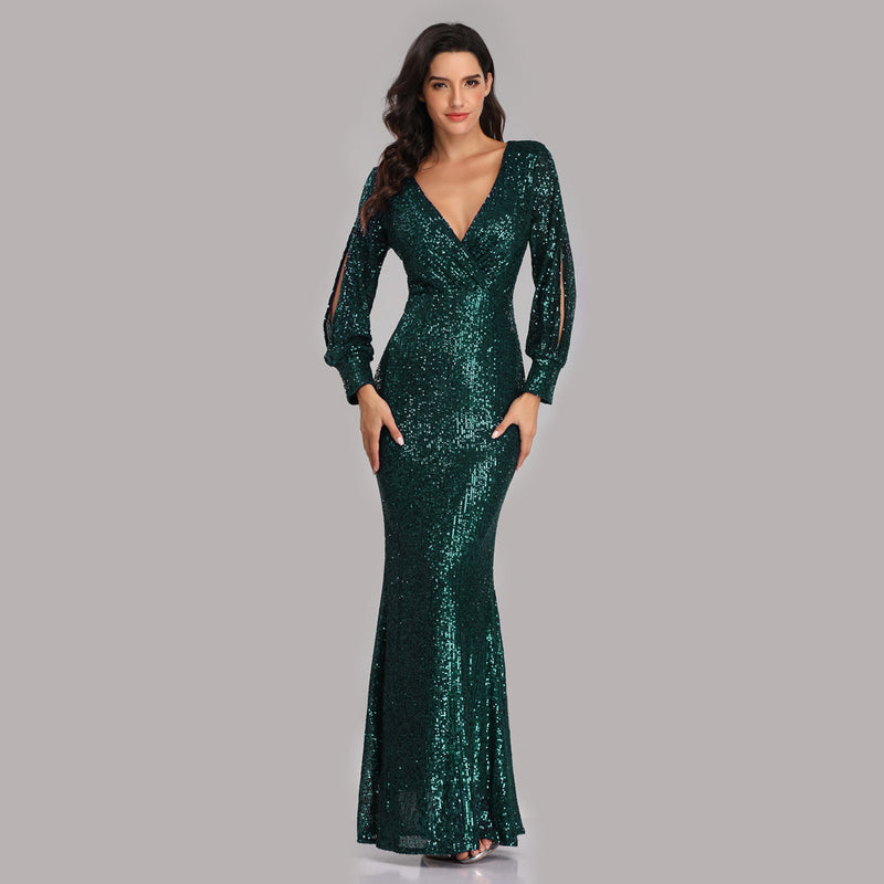 Long Homecoming Dresses Autumn and Winter Dress Multi-Color plus Size Long Sleeve V-neck Sequins