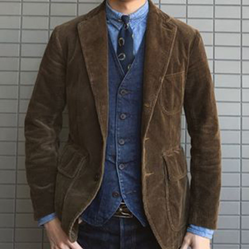 Mens Winter Coats Man Fall Outfits Autumn and Winter Lapel Solid Color Corduroy Jacket Coat