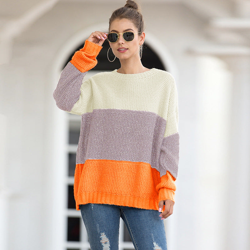 Women Pullover Knit Sweater Autumn and Winter Fashion Striped Colored Pullover Sweater for Women