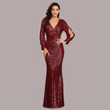 Long Homecoming Dresses Autumn and Winter Dress Multi-Color plus Size Long Sleeve V-neck Sequins