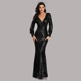 Long Homecoming Dresses Autumn and Winter Dress Multi-Color plus Size Long Sleeve V-neck Sequins