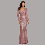 Long Homecoming Dresses Autumn and Winter Dress Multi-Color plus Size Long Sleeve V-neck Sequins