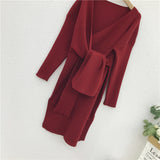 MIDI Mauve Cocktail Dress Autumn and Winter Slim-Fit Long-Sleeved Mid-Length Red Knitted Dress for Women