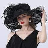 Big Hats Sunshade with Mesh Flower Decoration Broad-Brimmed Hat