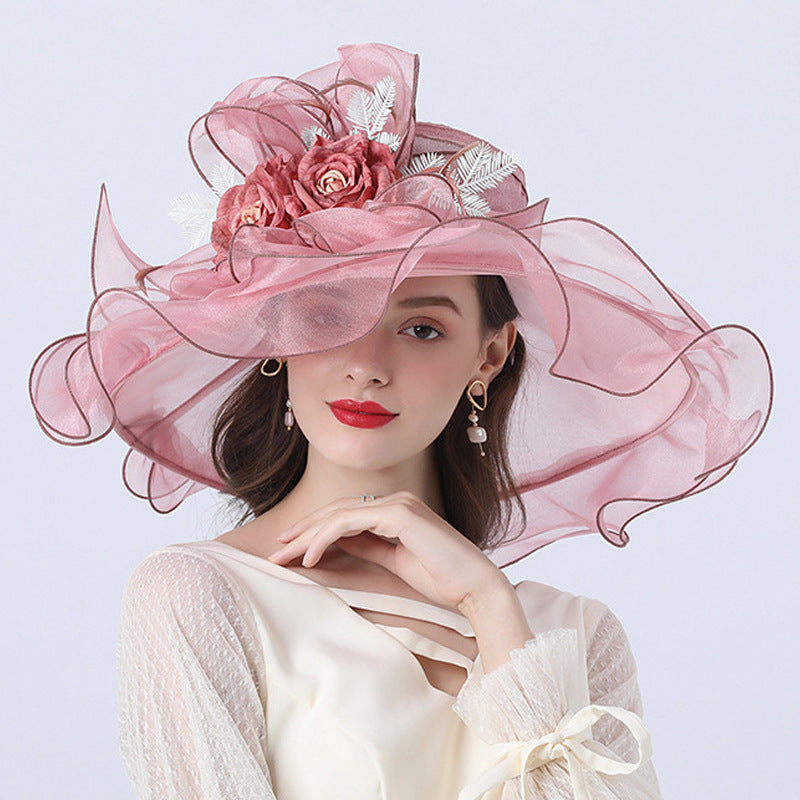 Big Hats Cute Girl Mesh Broad-Brimmed Hat Floral Flat Top Broad-Brimmed Hat