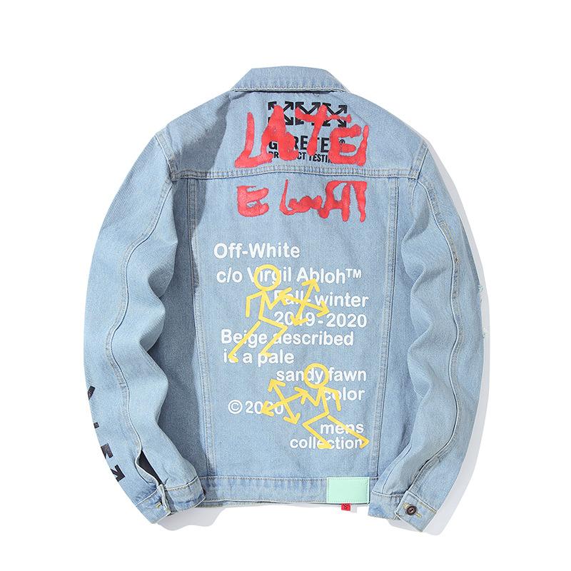 Off White Arrow Denim Jacket Jean Coat Off Ow Color Matching Graffiti Letters Small Arrow Print Men Owt