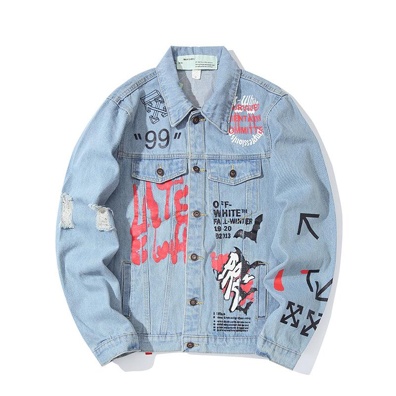 Off White Arrow Denim Jacket Jean Coat Off Ow Color Matching Graffiti Letters Small Arrow Print Men Owt