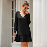MIDI Mauve Cocktail Dress Autumn Women's V-neck Flounce Stitching Dress