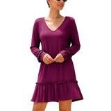MIDI Mauve Cocktail Dress Autumn Women's V-neck Flounce Stitching Dress