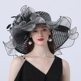 Big Hats Sunshade with Mesh Flower Decoration Broad-Brimmed Hat