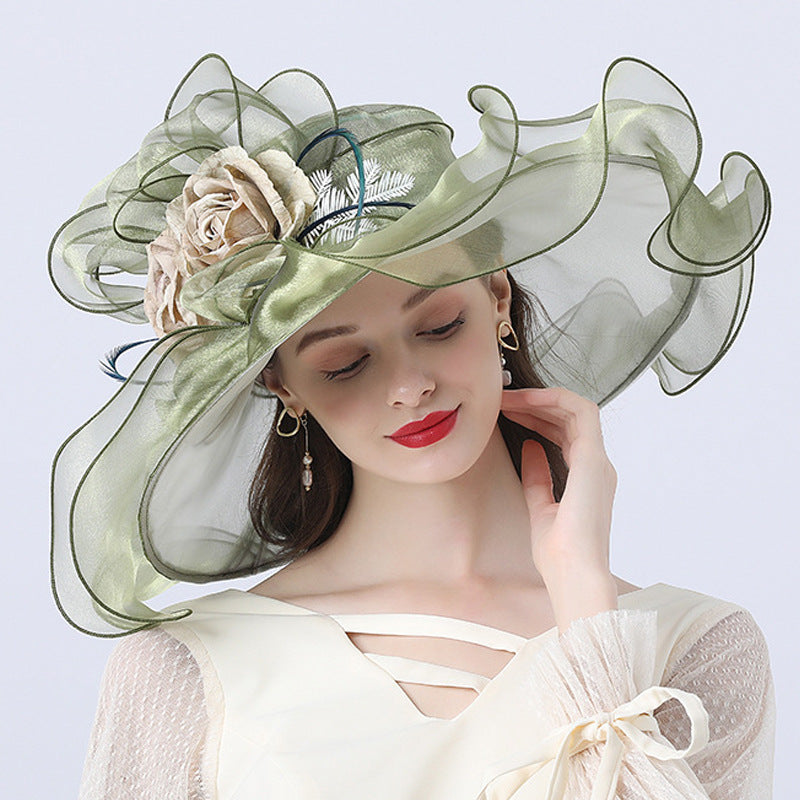 Big Hats Cute Girl Mesh Broad-Brimmed Hat Floral Flat Top Broad-Brimmed Hat