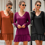 MIDI Mauve Cocktail Dress Autumn Women's V-neck Flounce Stitching Dress