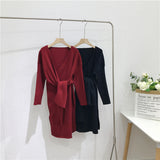 MIDI Mauve Cocktail Dress Autumn and Winter Slim-Fit Long-Sleeved Mid-Length Red Knitted Dress for Women