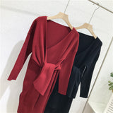 MIDI Mauve Cocktail Dress Autumn and Winter Slim-Fit Long-Sleeved Mid-Length Red Knitted Dress for Women