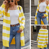 Women's Cardigan Knit Sweater Autumn Sweater Long Contrast Color Striped Cardigan Sweater for Women
