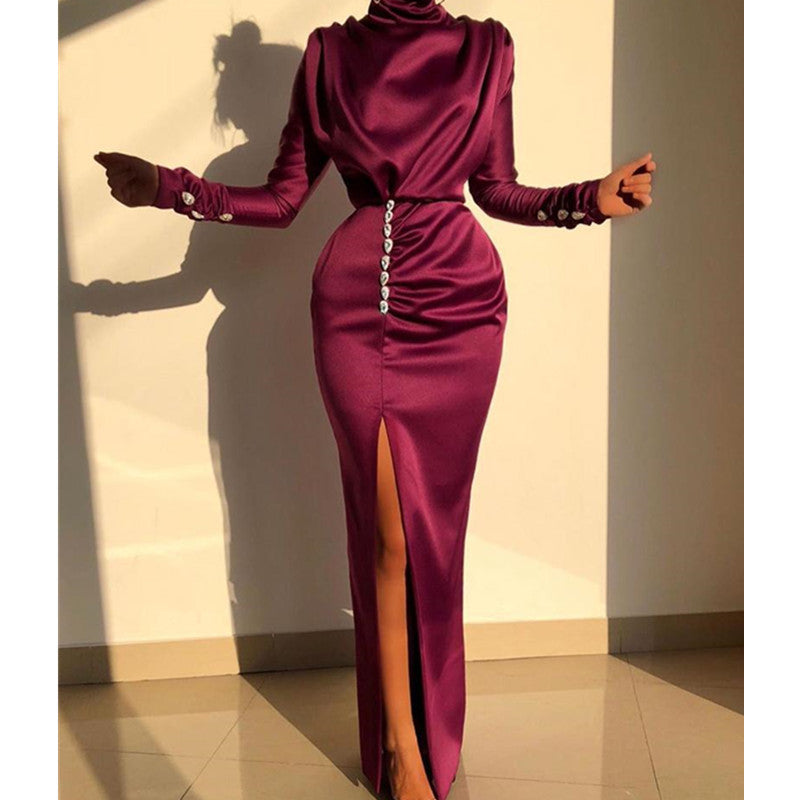 Maxi Burgundy Dress Formal Women's Long Sleeve Sexy Slit Maxi Dress