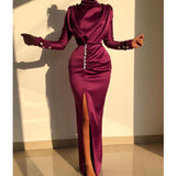 Maxi Burgundy Dress Formal Women's Long Sleeve Sexy Slit Maxi Dress