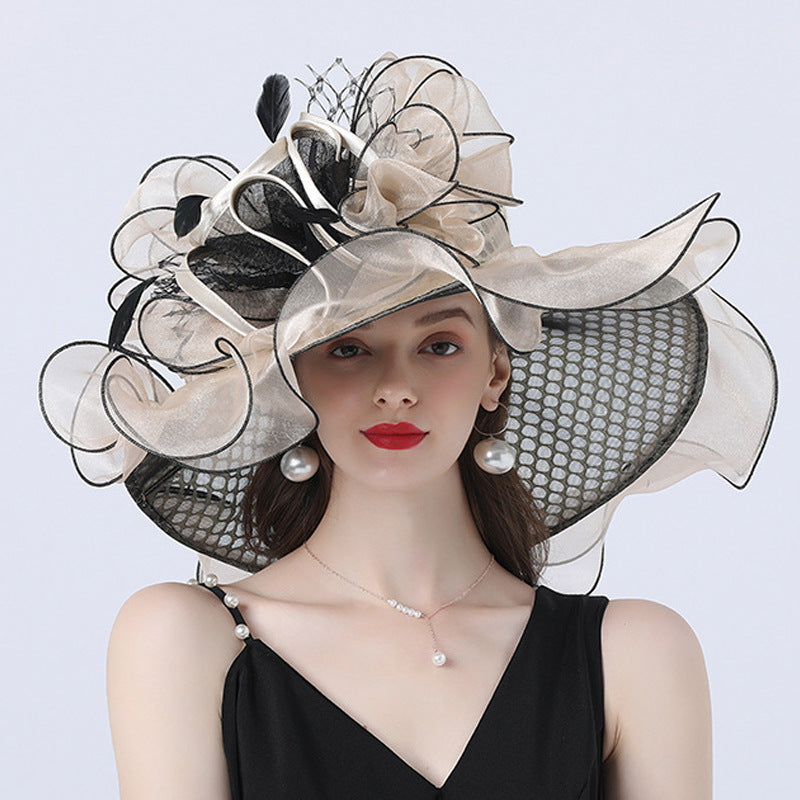 Big Hats Sunshade with Mesh Flower Decoration Broad-Brimmed Hat