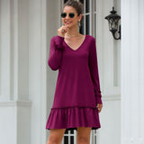 MIDI Mauve Cocktail Dress Autumn Women's V-neck Flounce Stitching Dress