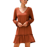 MIDI Mauve Cocktail Dress Autumn Women's V-neck Flounce Stitching Dress