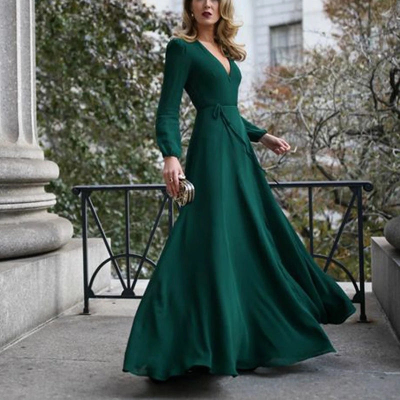 Emerald Green Dress Solid Color and V-neck Lace up