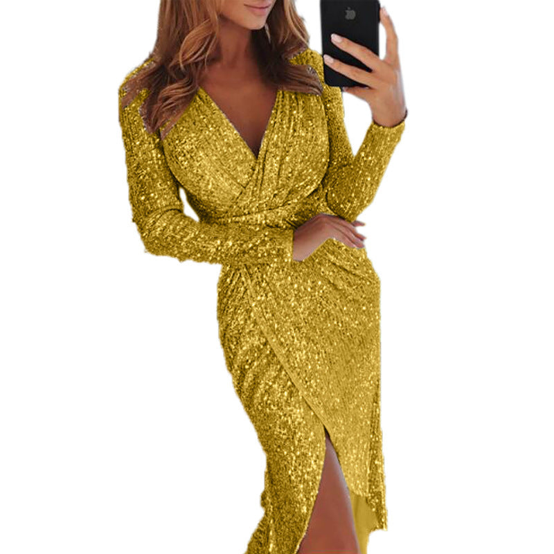 Long Homecoming Dresses Long Sleeve V-neck Shiny Dress Dinner Sexy Dress