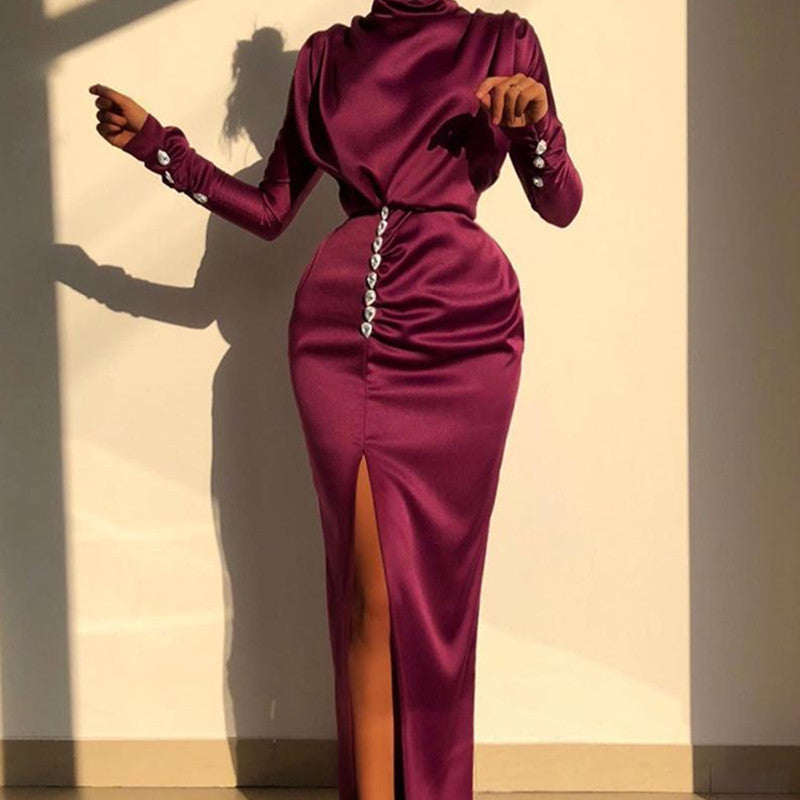 Maxi Burgundy Dress Formal Women's Long Sleeve Sexy Slit Maxi Dress