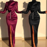 Maxi Burgundy Dress Formal Women's Long Sleeve Sexy Slit Maxi Dress